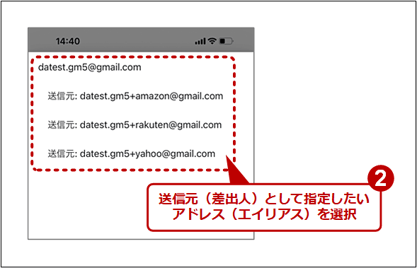 iPhone版Gmailアプリで、エイリアスのアドレスからメールを送信する（2）